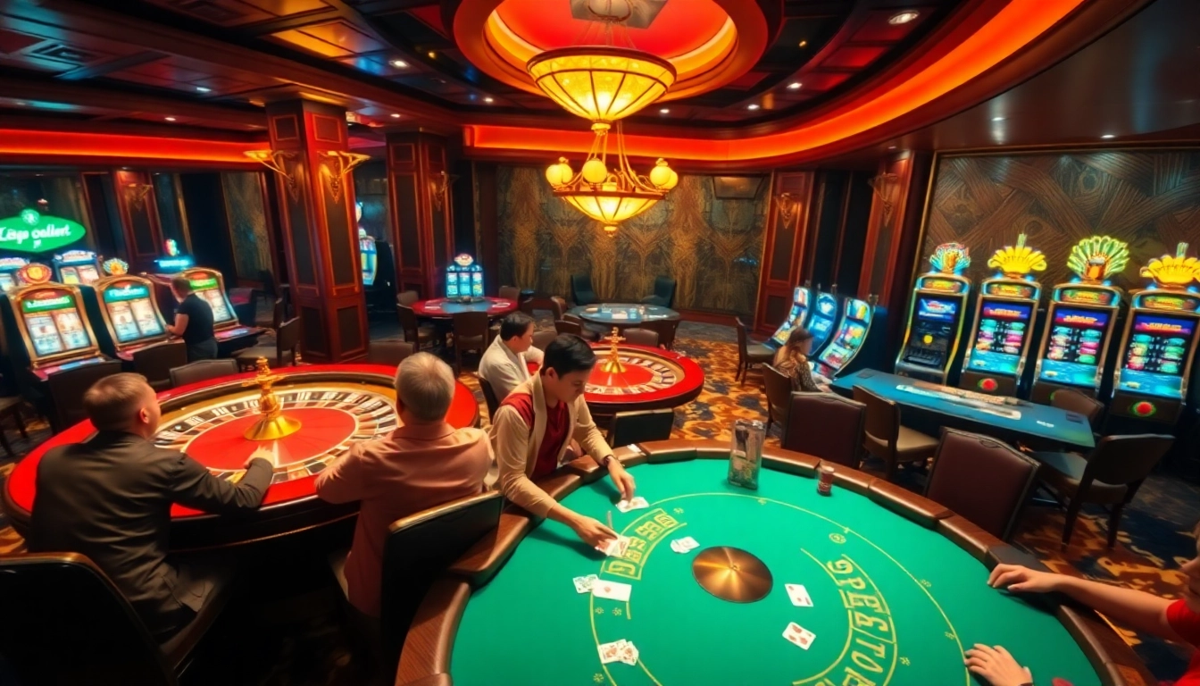 EE88 casino players enjoying poker and roulette in a luxurious setting, showcasing excitement and strategy.