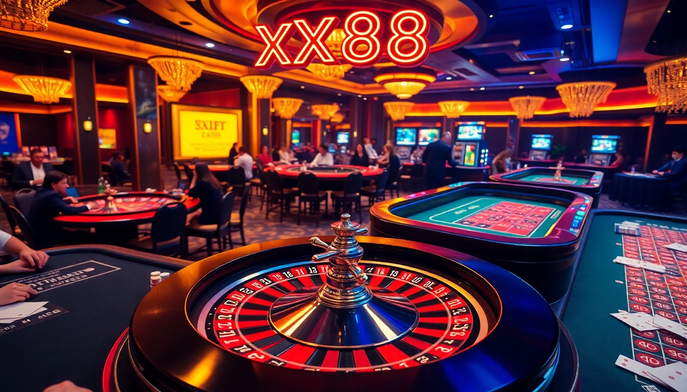 Exciting casino scene featuring XX88 prominently in a vibrant gaming atmosphere with roulette and poker tables.